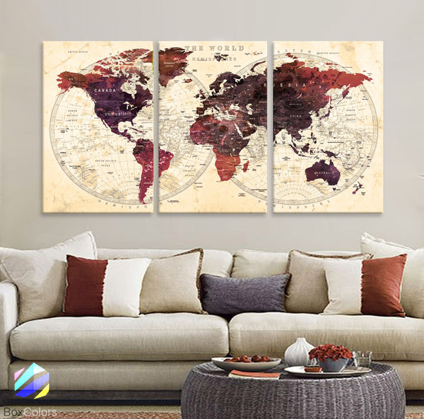 LARGE 30"x 60" 3panels 30x20 Ea Art Canvas Print Watercolor Brown Old Map World Push Pin Travel M1818 - BoxColors