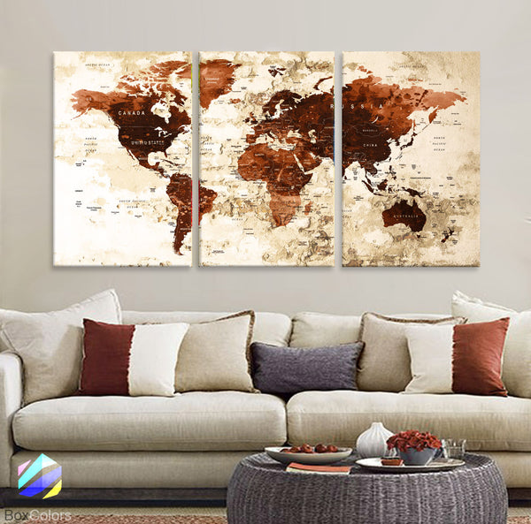 LARGE 30"x 60" 3panels 30x20 Ea Art Canvas Print Watercolor Brown Old Map World Push Pin Travel M1822 - BoxColors