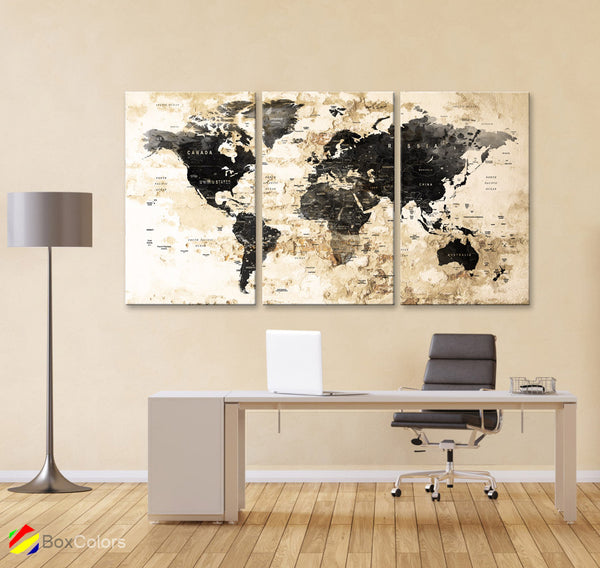 LARGE 30"x 60" 3 panels 30x20 Ea Art Canvas Print Watercolor Map World Push Pin Travel M1827 - BoxColors