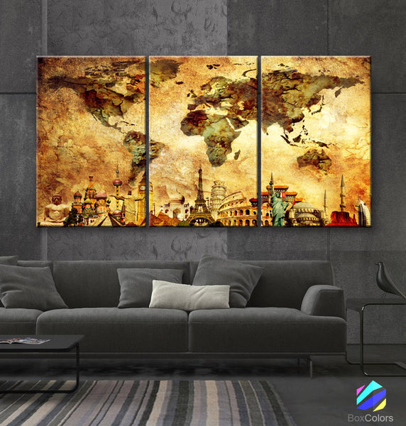 LARGE 30"x 60" 3 panels 30x20 Ea Art Canvas Print Map World Wonders of the World Old wall  M1842 - BoxColors