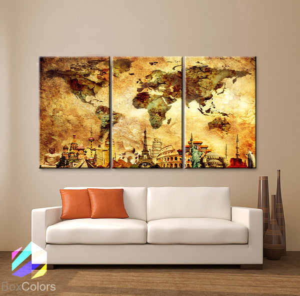 LARGE 30"x 60" 3 panels 30x20 Ea Art Canvas Print Map World Wonders of the World Old wall  M1842 - BoxColors