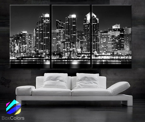 LARGE 30"x 60" 3 Panels Art Canvas Print Beautiful San Diego CA skyline light buildings downtown Wall Home Office decor (framed 1.5" depth) - BoxColors