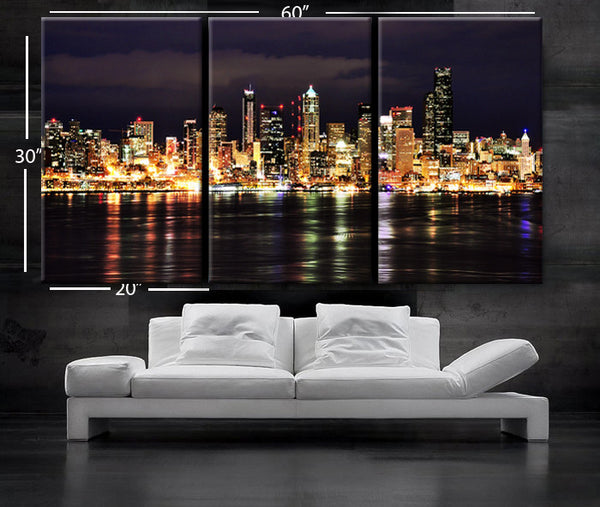 LARGE 30"x 60" 3 Panels Art Canvas Print Washington Seattle city night lights buildings river skyline Wall Home (Included framed 1.5" depth) - BoxColors