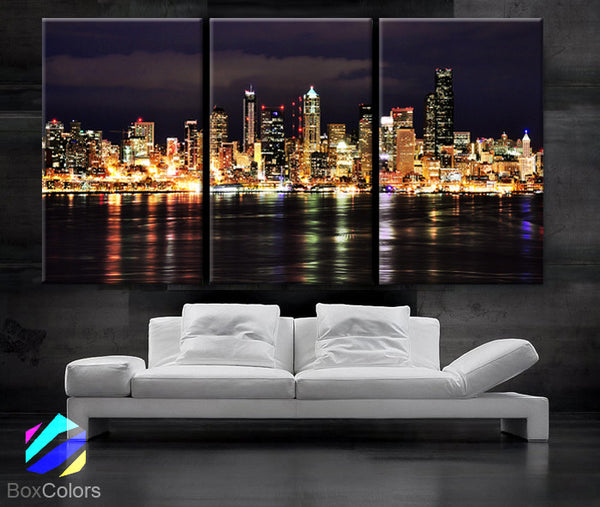 LARGE 30"x 60" 3 Panels Art Canvas Print Washington Seattle city night lights buildings river skyline Wall Home (Included framed 1.5" depth) - BoxColors