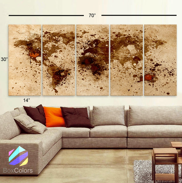 XLARGE 30"x 70" 5 Panels 30"x14" EaArt Canvas Print Watercolor Beige Brown sepia Old Paper Map vintage Wall decor Home interior (framed 1.5" depth) - BoxColors