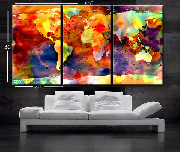 LARGE 30"x 60" 3 Panels 30"x20" Ea Art Canvas Print Original Watercolor World Map colors Wall Home office decor interior - BoxColors